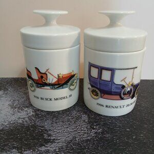 Rare Set of 2 Johann Haviland Germany Porcelain Classic Car Deco. Dresser Jars